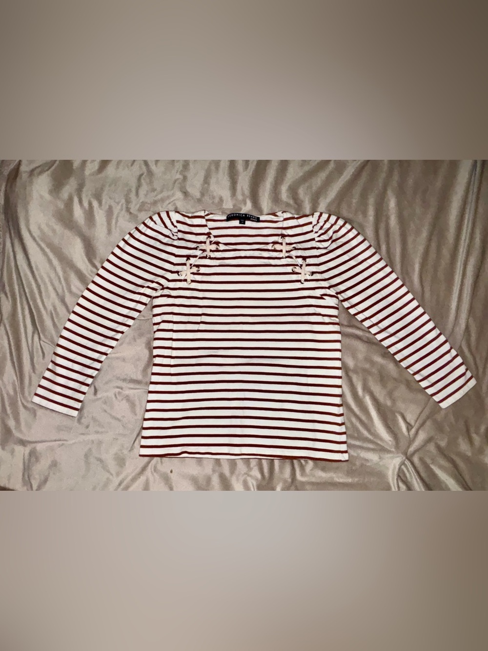 VERONICA BEARD Top Women’s XS Brown& White Striped ELI BASEBALL Puff Sleeve. EUC
